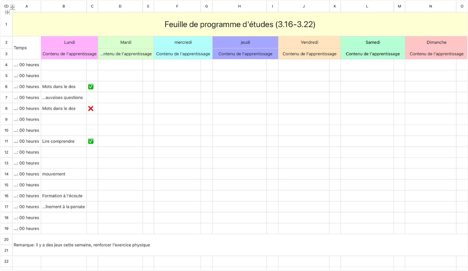 Feuille d'étude du programme hebdomadaire
